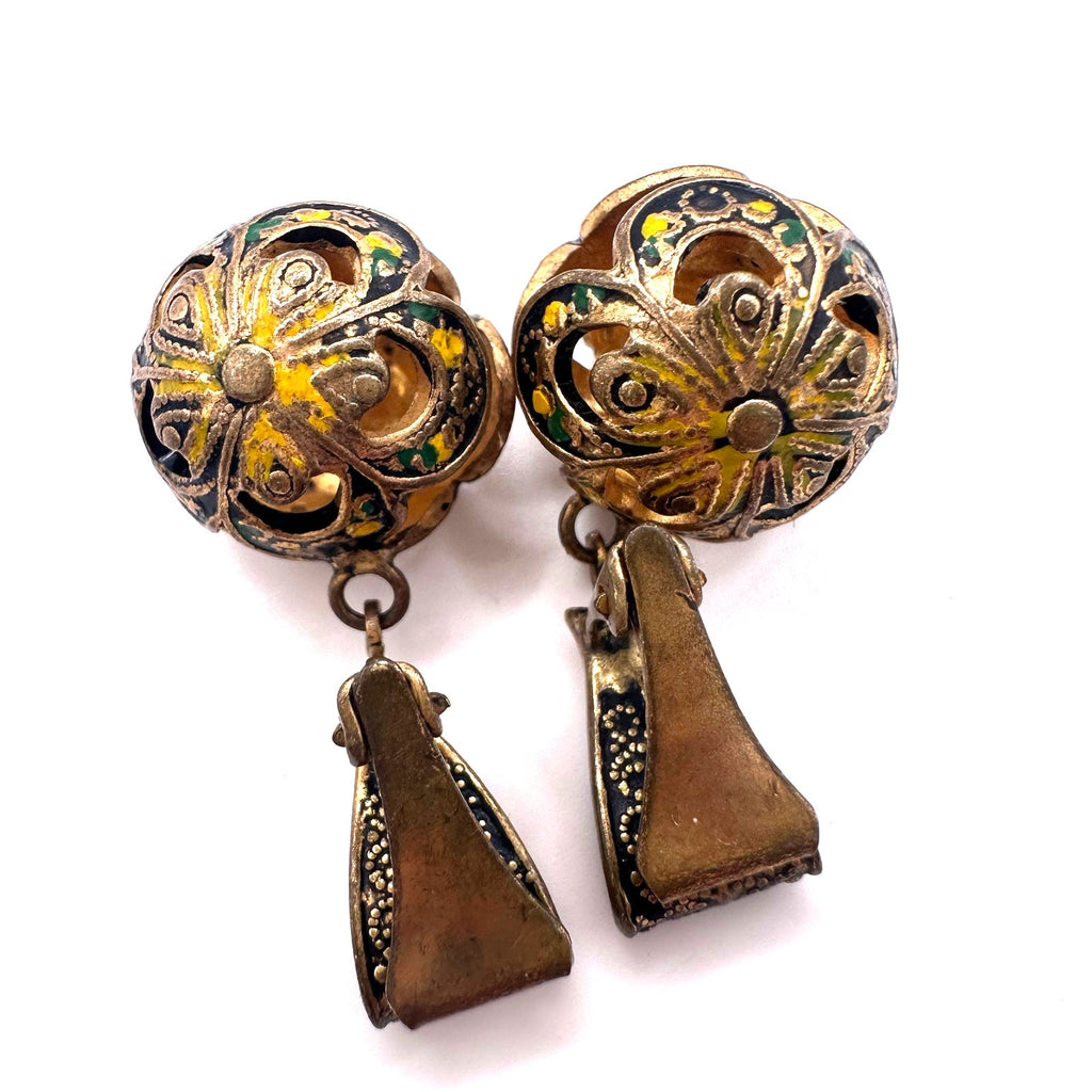 Vintage Spanish Damascene gold tone green black enamel clip on ball earrings
