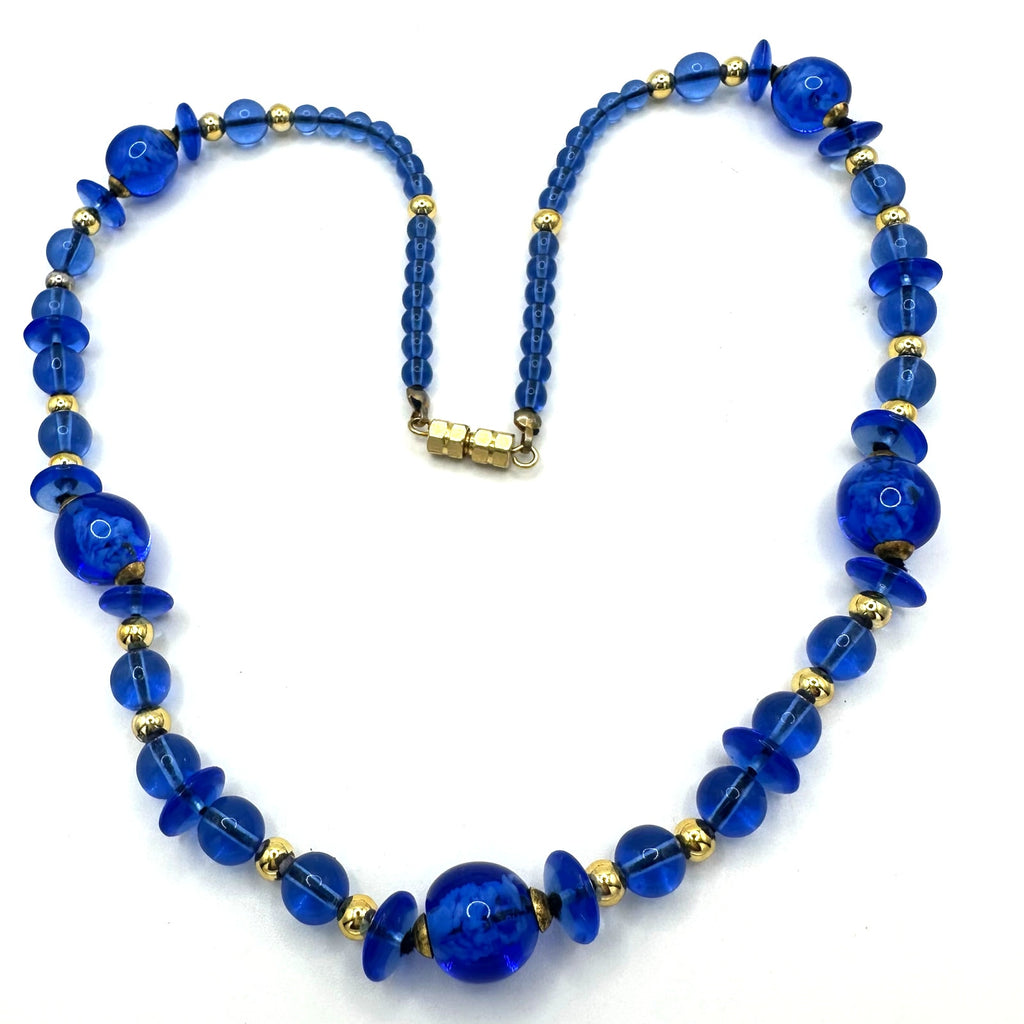 Vintage Art Deco Revival blue glass beads gold tone 21" graduated necklace