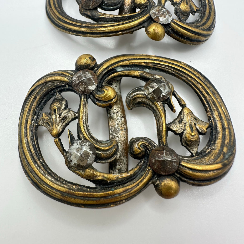 Antique Art Nouveau Victorian pair matching set brass floral cut steel buckles