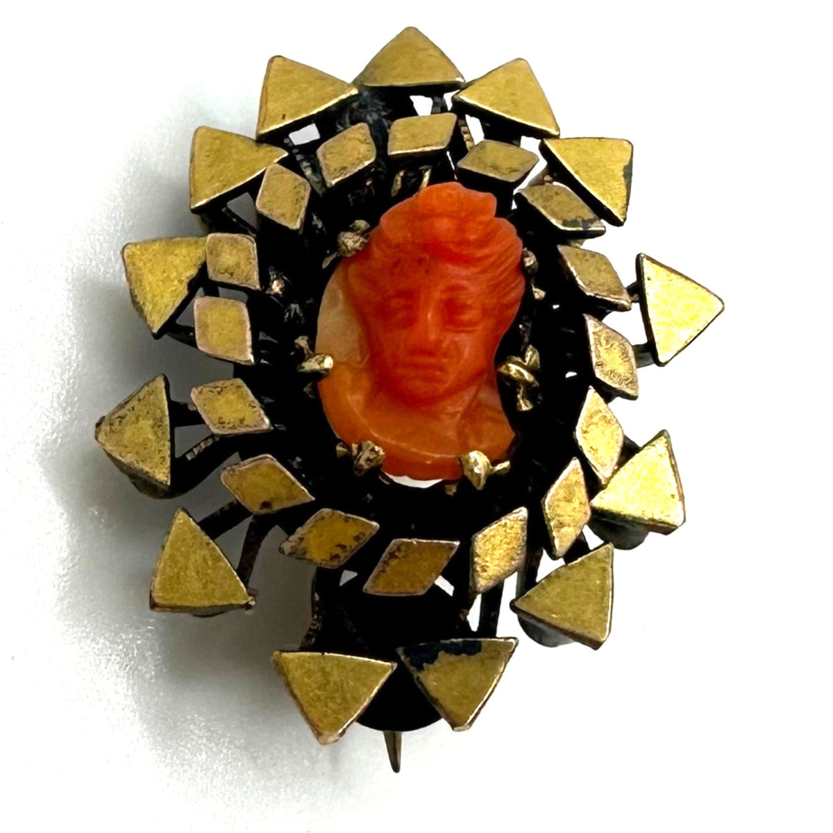 Antique Victorian 1800s gold filled carved red coral cameo dainty tiny brooch