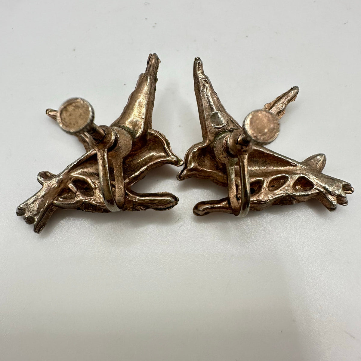 1940s gold plated swallows birds clear red rhinestones screw back earrings