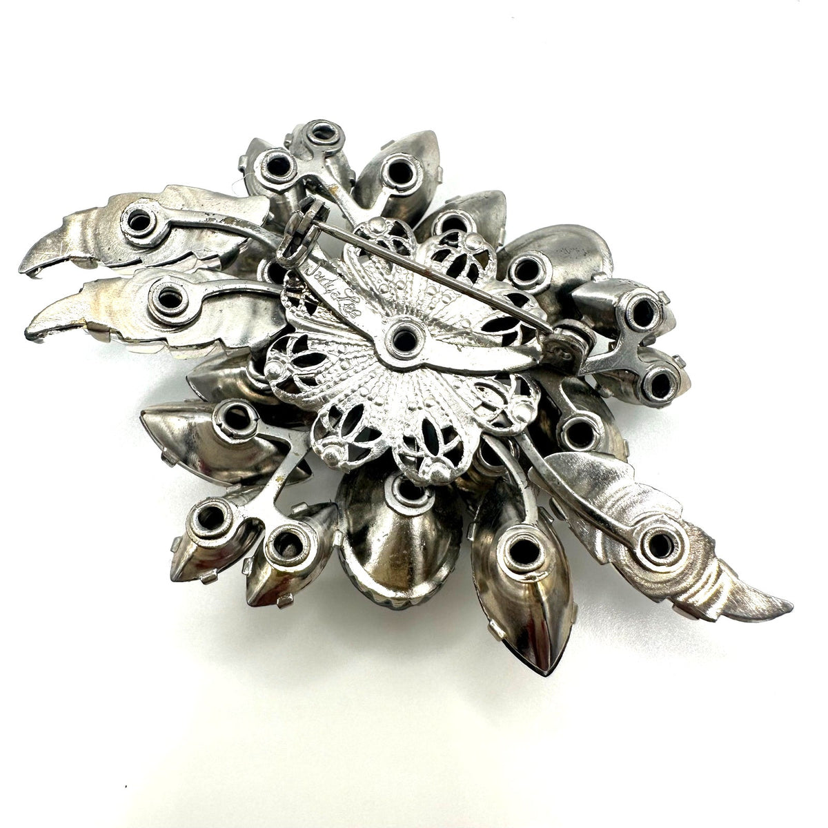 Judy Lee vintage silver tone clear gray molded glass AB rhinestones brooch