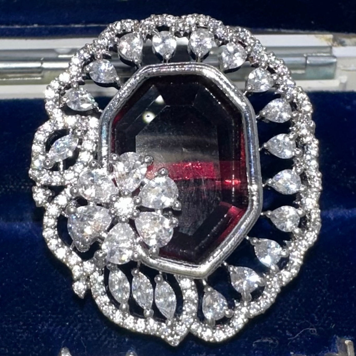 Silver tone red crimson clear cubic zirconia cluster adjustable statement ring