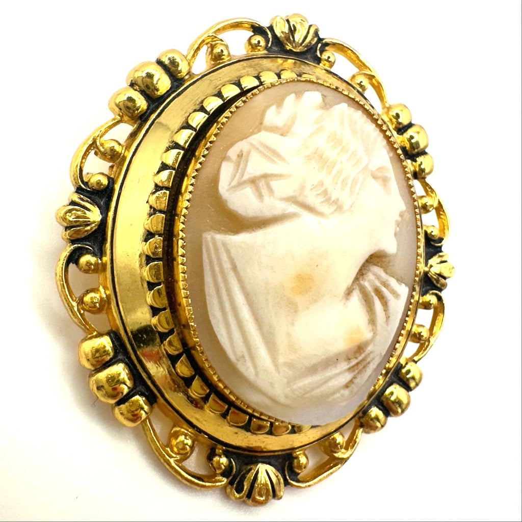 Vintage gold tone genuine carved shell cameo white pink woman's face brooch
