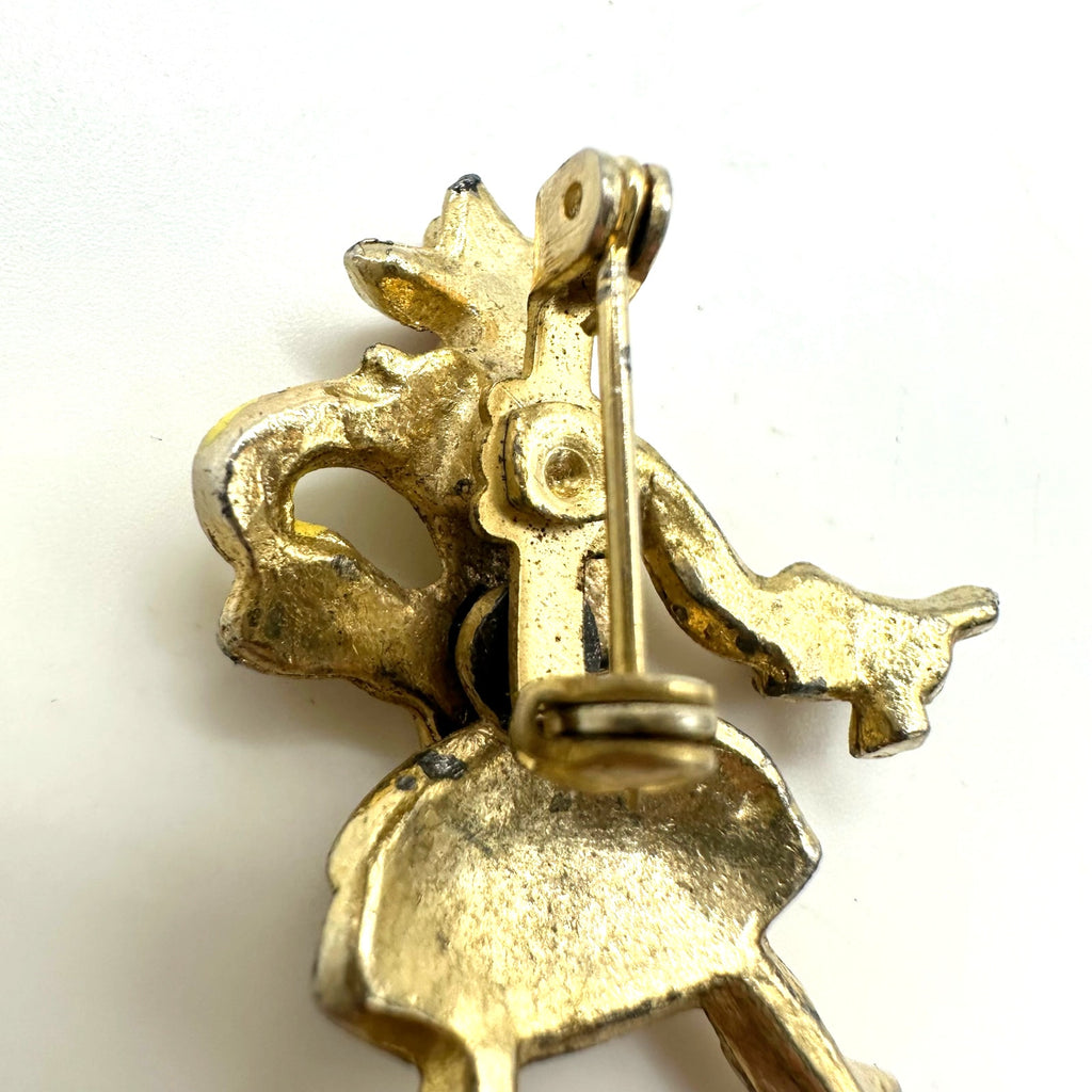 1940s vintage retro gold tone rhinestone enamel articulated figural brooch