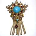 Florenza Victorian Revival gold tone fringe rhinestones art glass brooch pendant