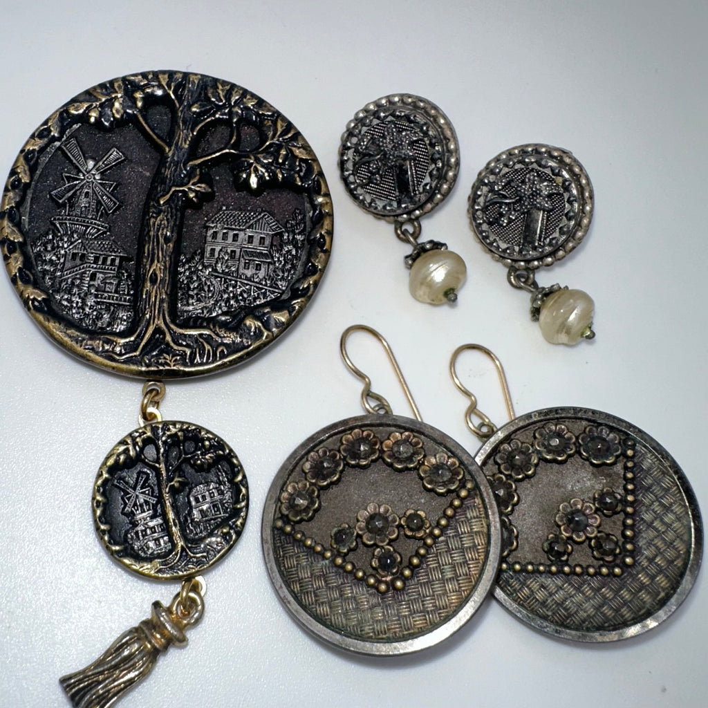 Bundle lot antique Victorian pictorial buttons upcycled brooch 2 pair earrings