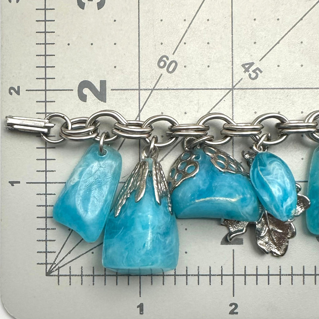 Vintage 1960s silver tone double cable link light blue lucite charms bracelet