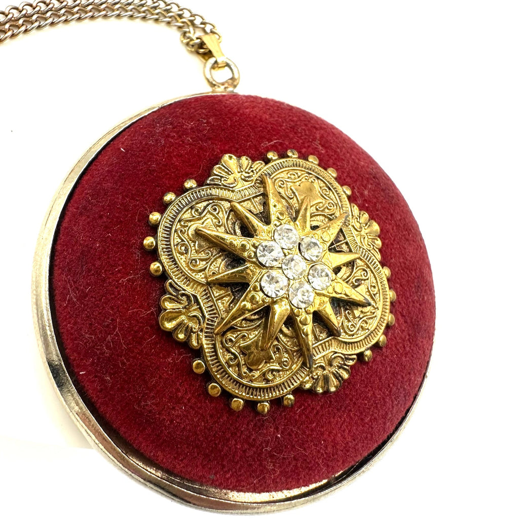 Vintage Victorian Revival gold tone red velvet Heraldic pendant 24" necklace