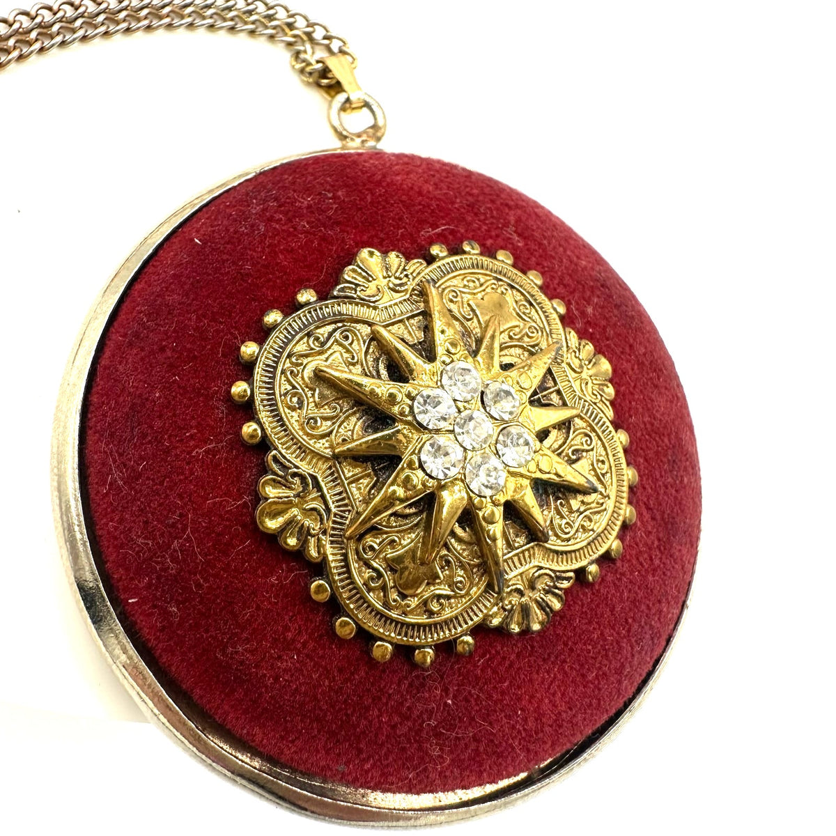 Vintage Victorian Revival gold tone red velvet Heraldic pendant 24" necklace