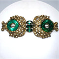 1930s antique Art Deco gold tone pot metal green clear Czech rhinestones brooch