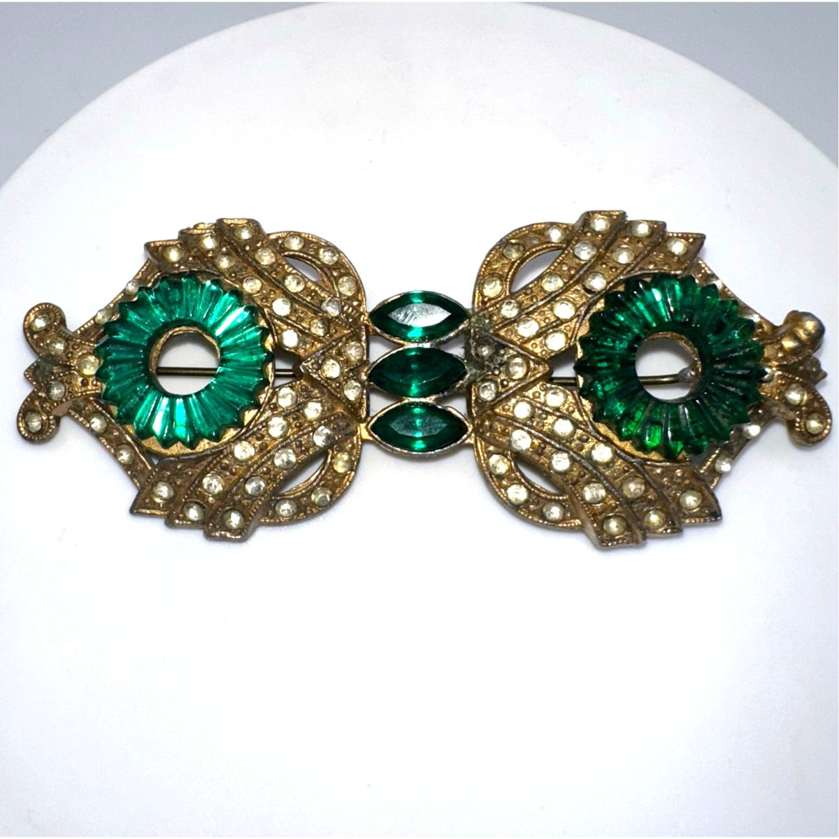 1930s antique Art Deco gold tone pot metal green clear Czech rhinestones brooch