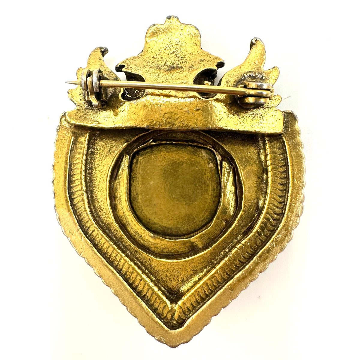 Vintage gold tone Heraldic white red enamel crest shield lion sword crown brooch