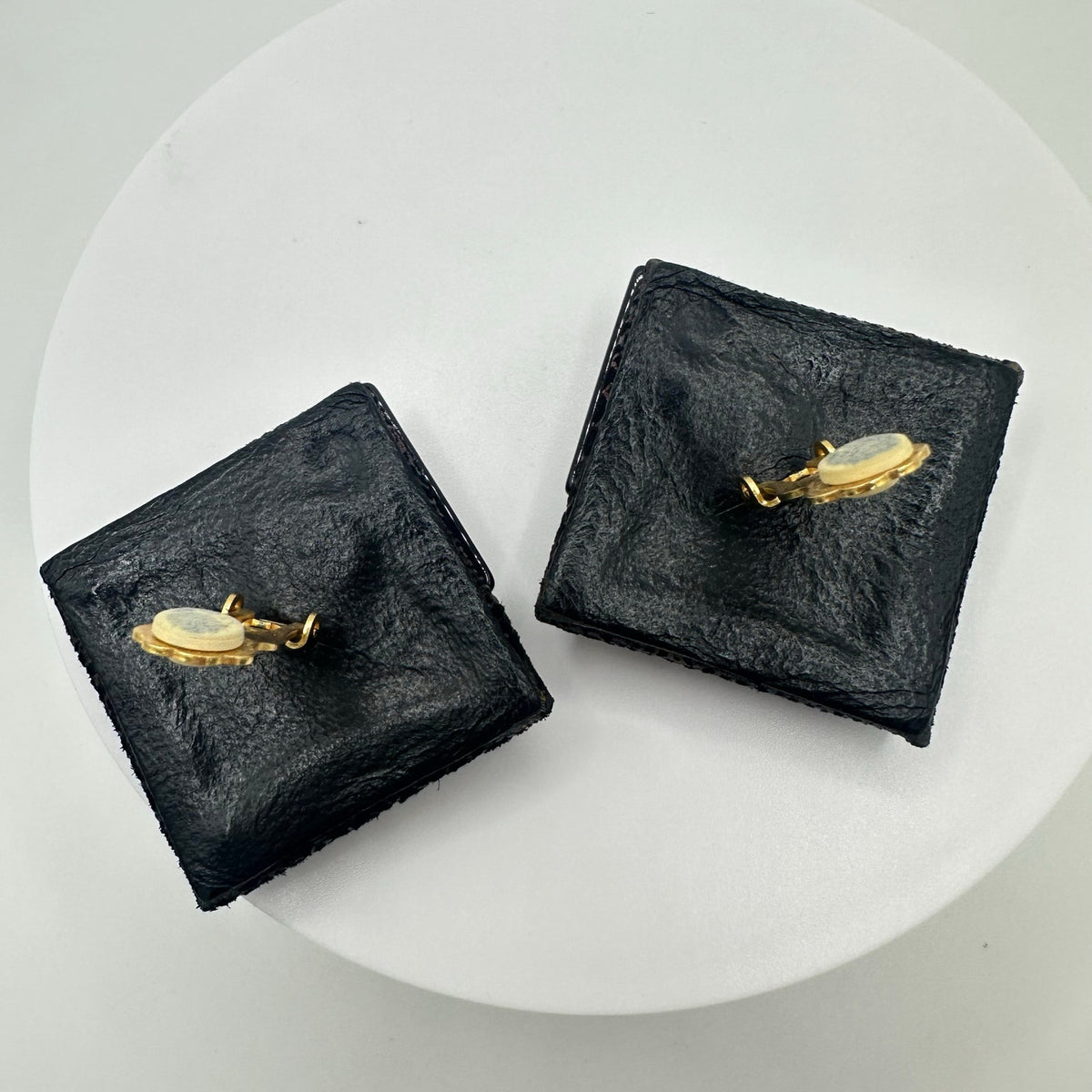 1980s vintage black glass fabric genuine leather statement clip on earrings