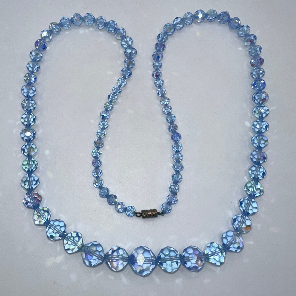 Vintage 1950s light blue AB glass beads beaded 28” graduated necklace