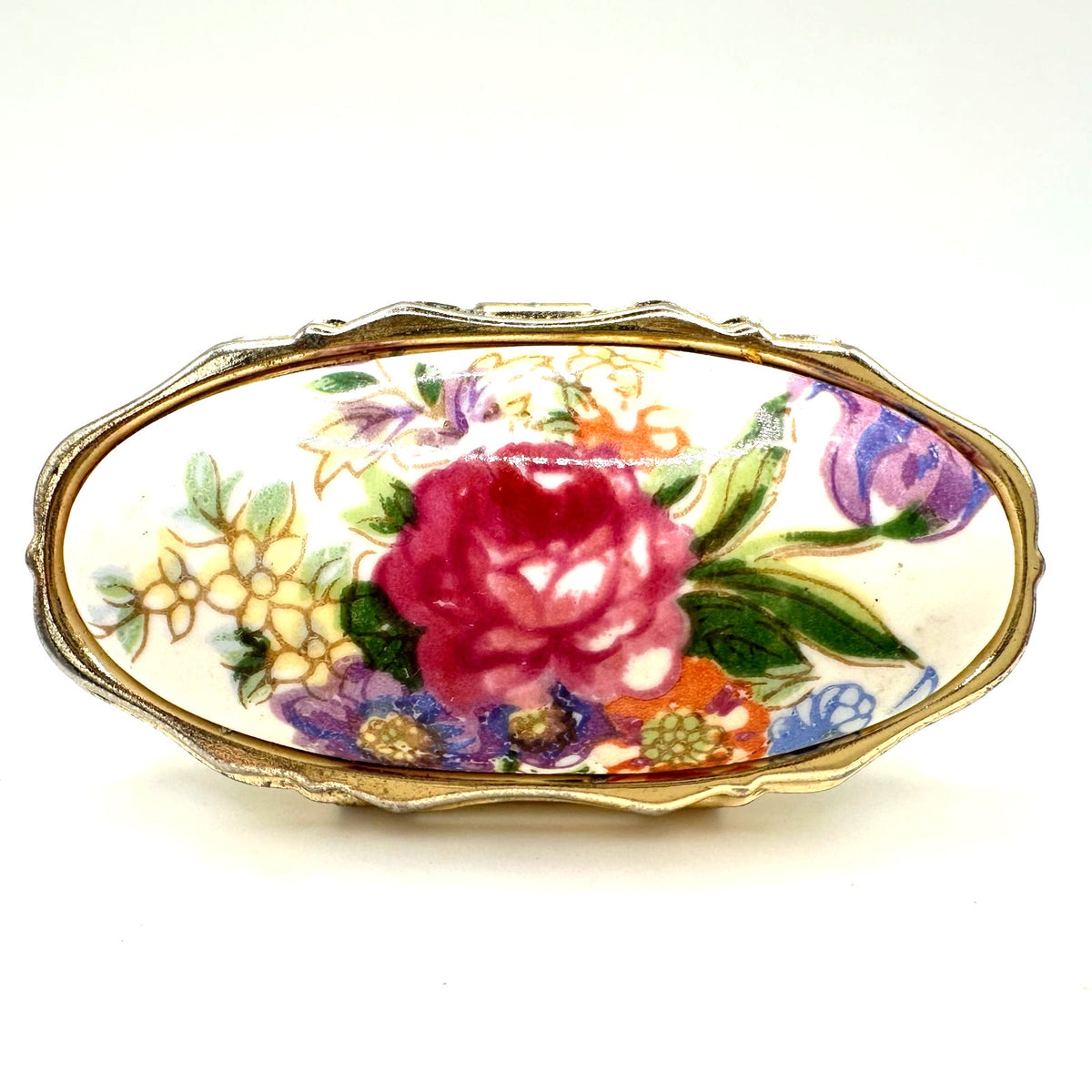 Japan 1950s vintage gold tone porcelain floral lipstick holder mirror compact