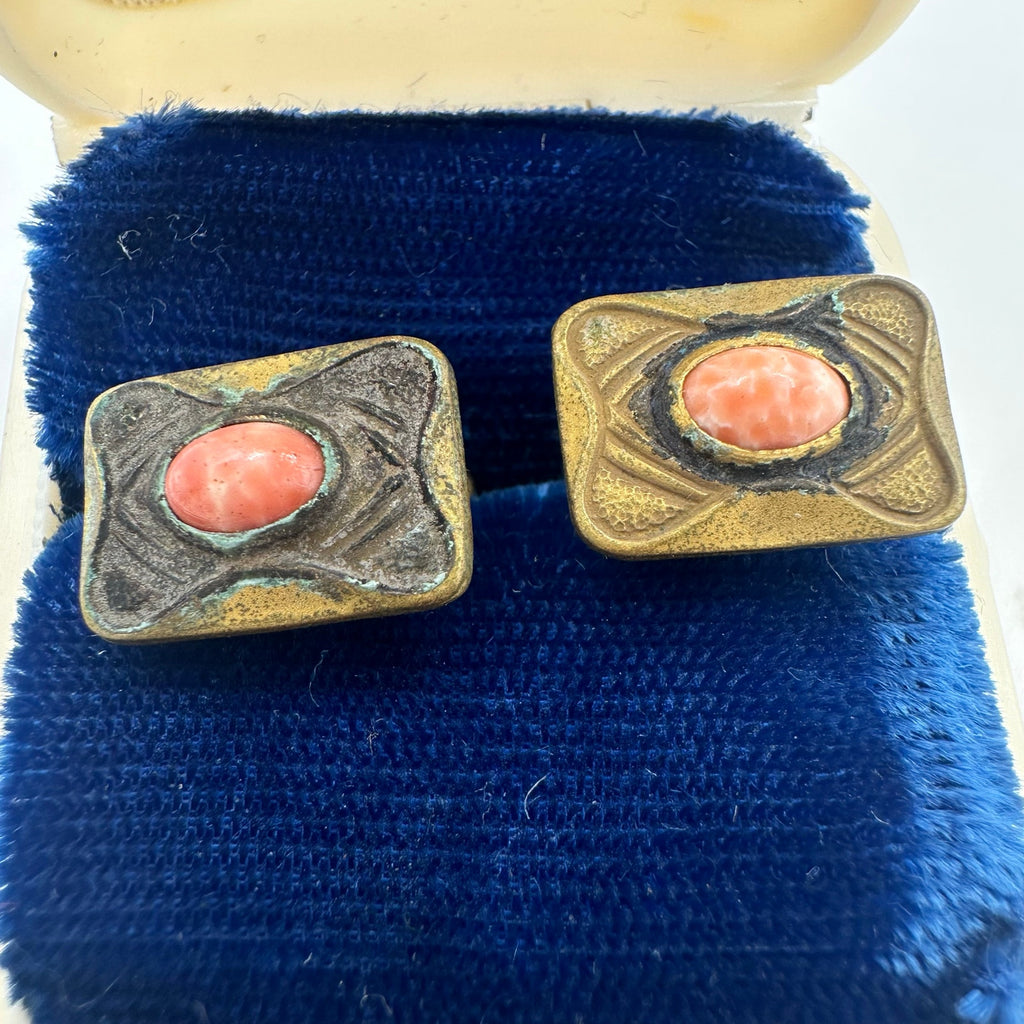 Antique Victorian Arts & Crafts gold tone peach art glass bean back cufflinks