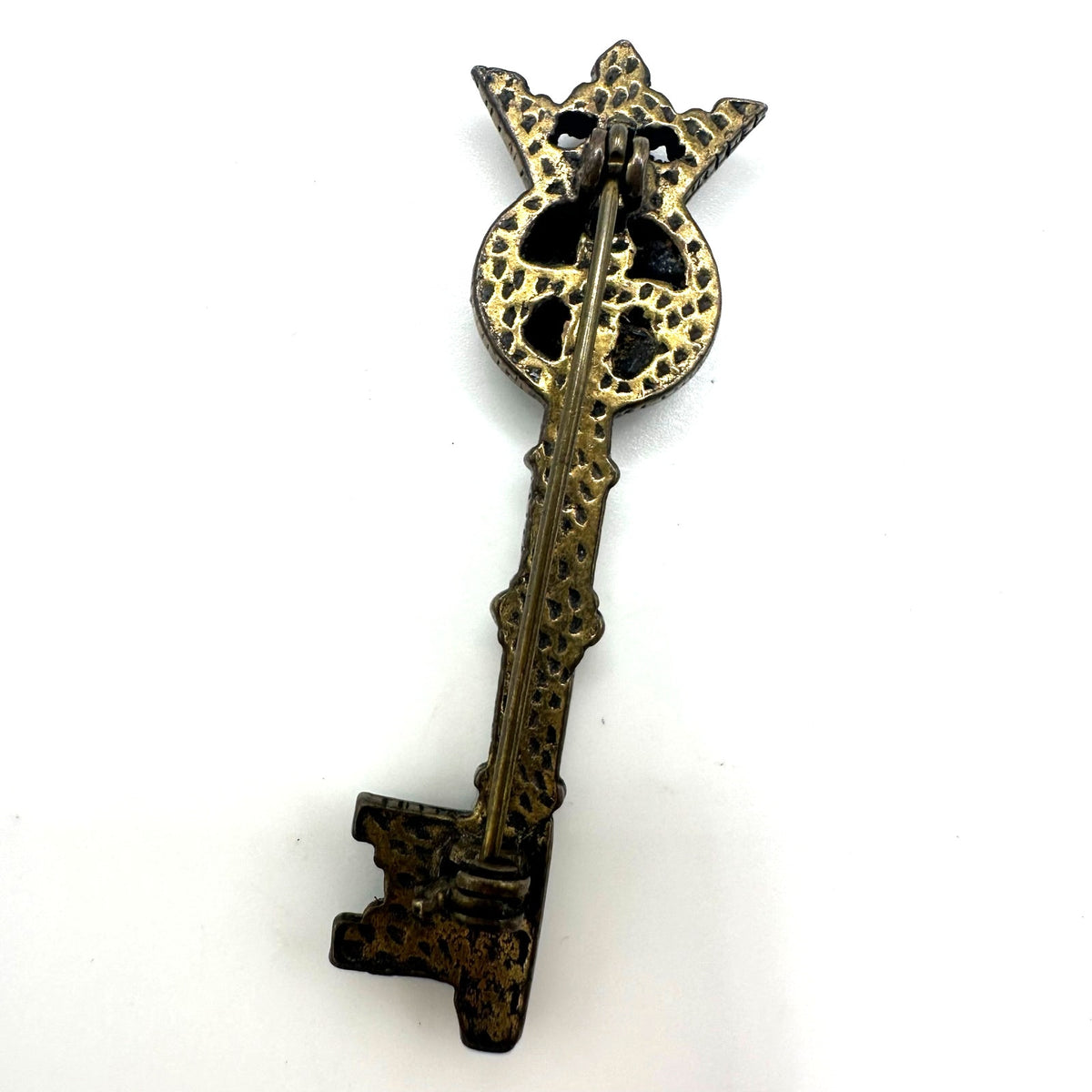 Vintage gold tone Heraldic red white enamel crest shield crown key stars brooch