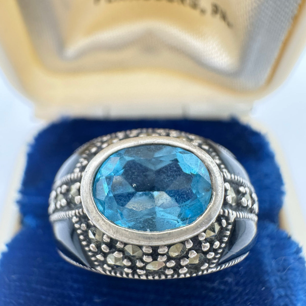 Vintage sterling silver genuine blue topaz marcasite black enamel ring 6