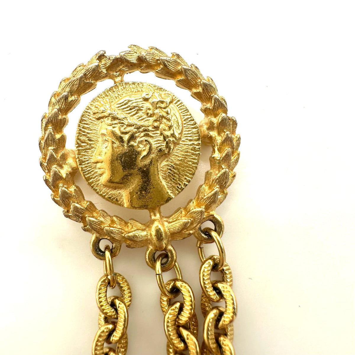 Monet 1980s vintage gold plated double 2 cameo Roman coins chains swag brooch