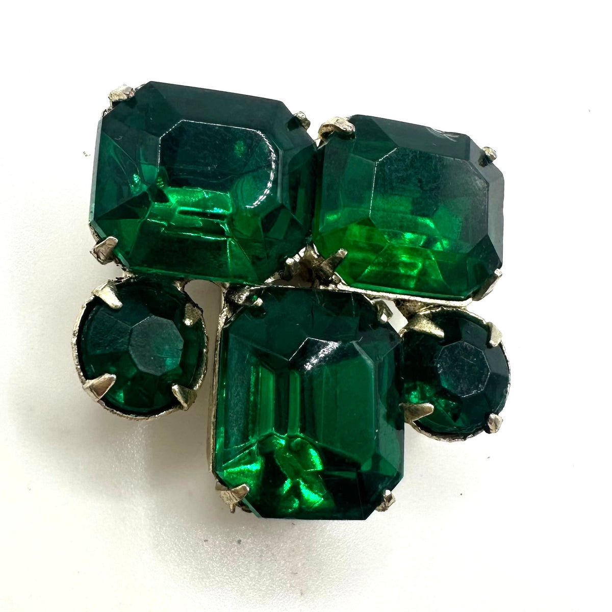 1930s 1940s antique Art Deco gold emerald green rhinestones dress fur clip