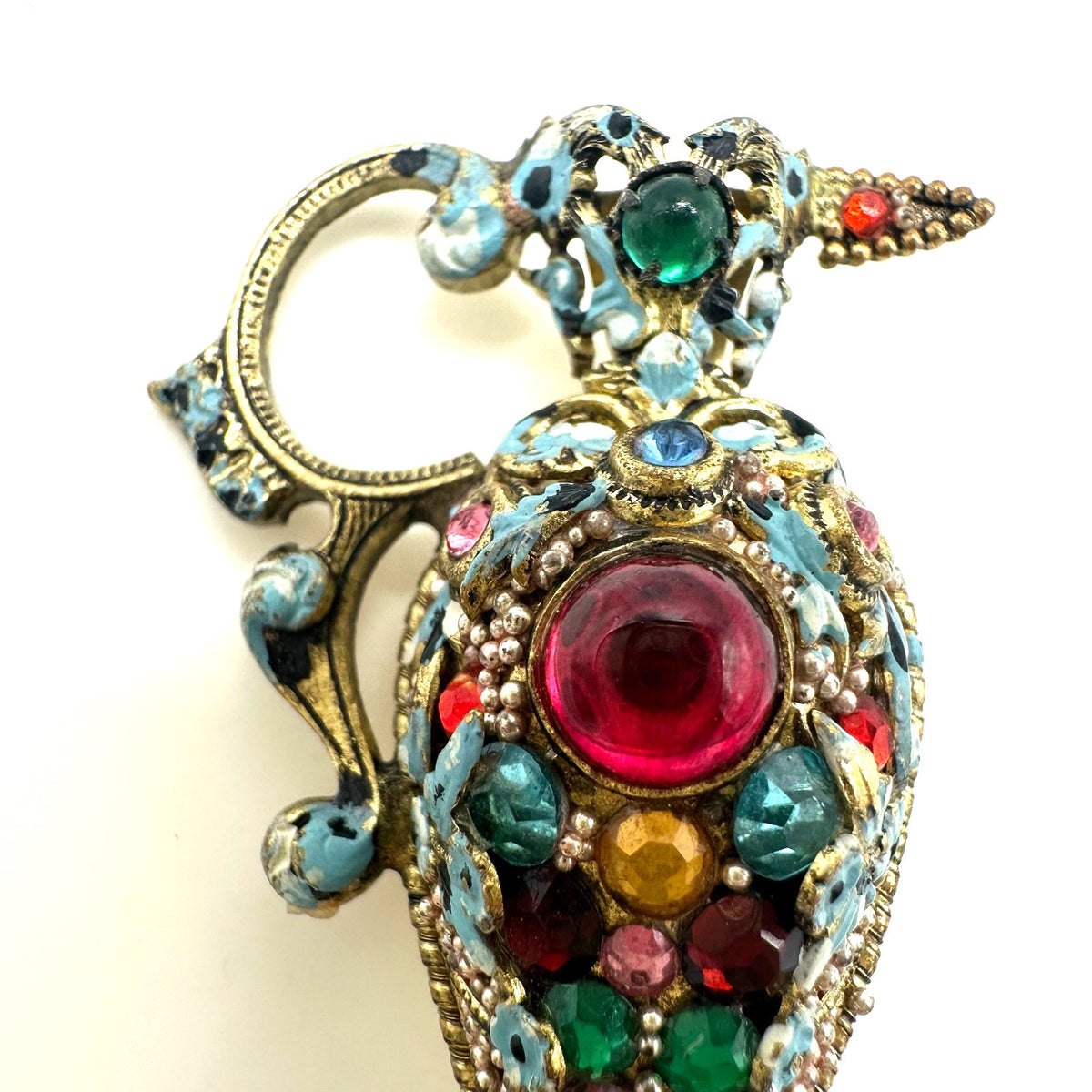 Czechoslovakia antique Art Deco multicolor rhinestones cabochons pitcher brooch