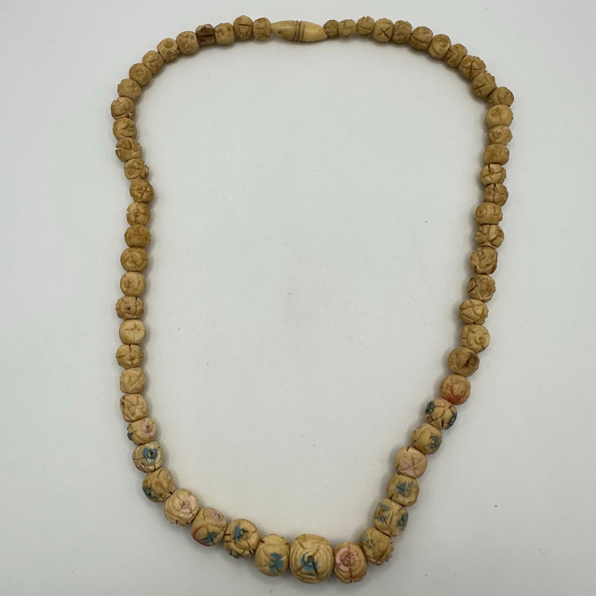 Antique Art Deco carved cream pink bovine bone graduated beads beaded necklace