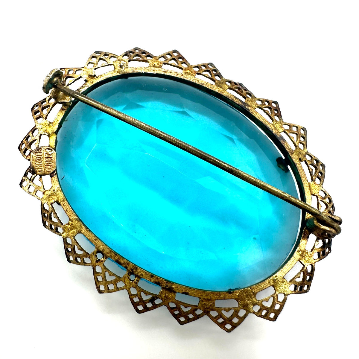 Czechoslovakia antique Art Deco 1920s aqua blue glass rhinestone brass brooch