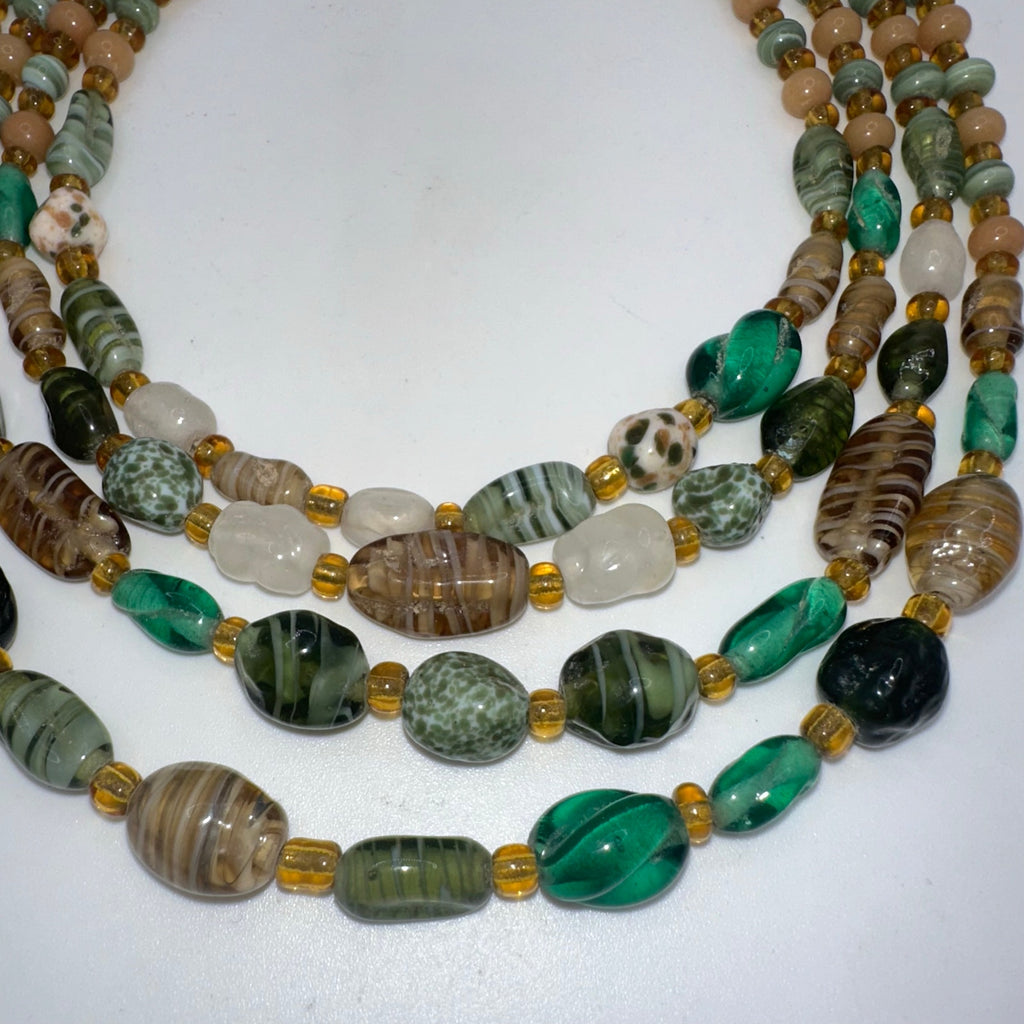 Japan vintage 4 multi strand green tan amber art glass beaded graduated necklace