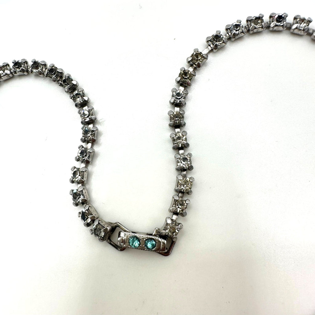 1940s 1950s vintage silver tone clear blue glass rhinestones drops swag necklace