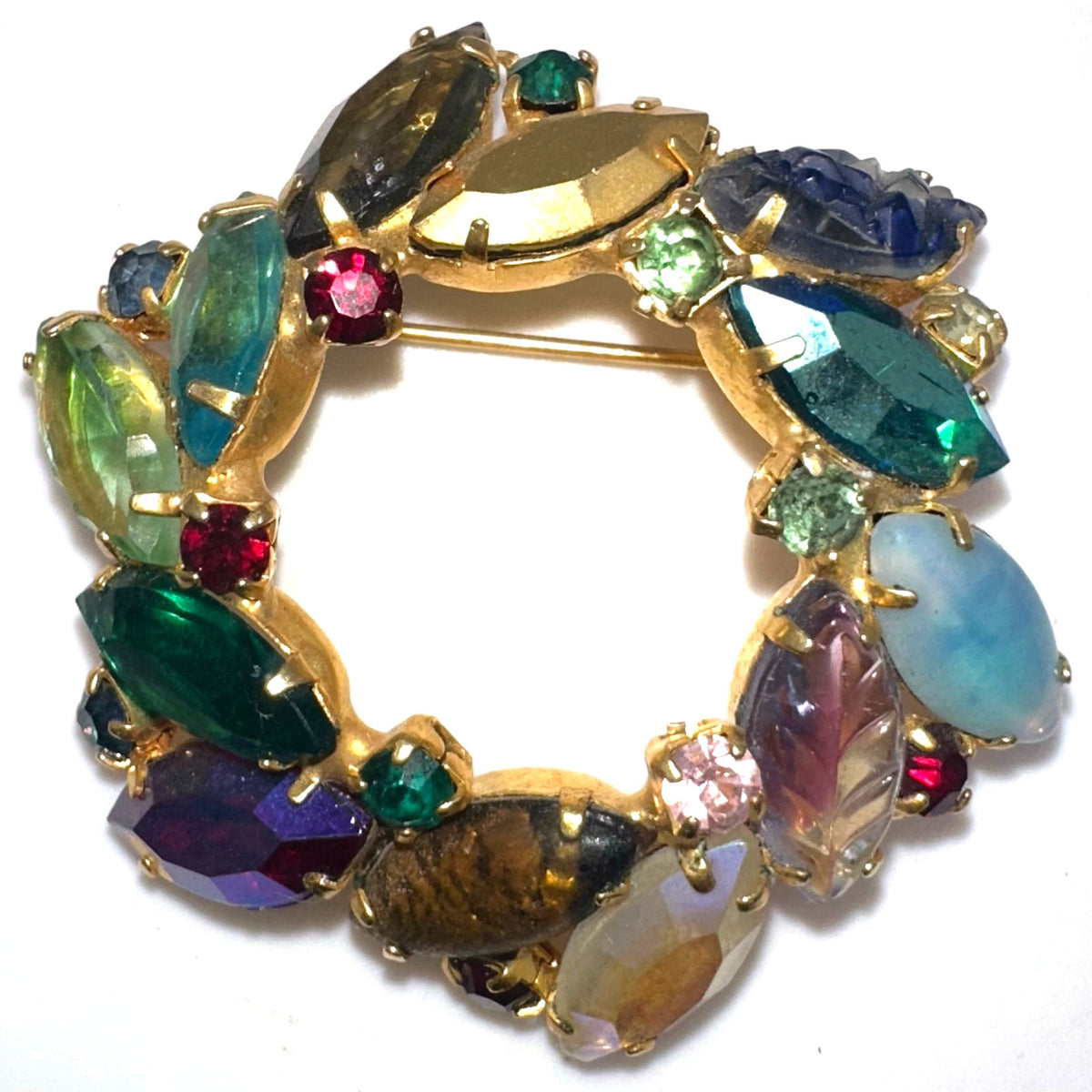 Vintage gold tone multicolor fruit salad art glass rhinestones wreath brooch
