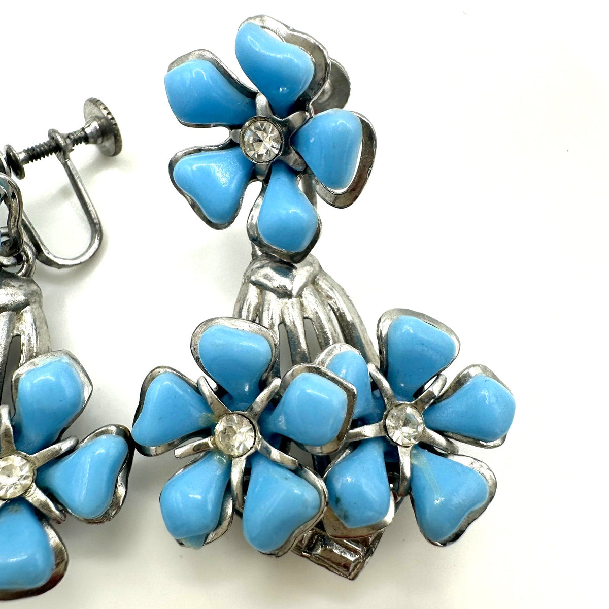 Vintage silver tone blue celluloid flowers rhinestone dangle screw back earrings
