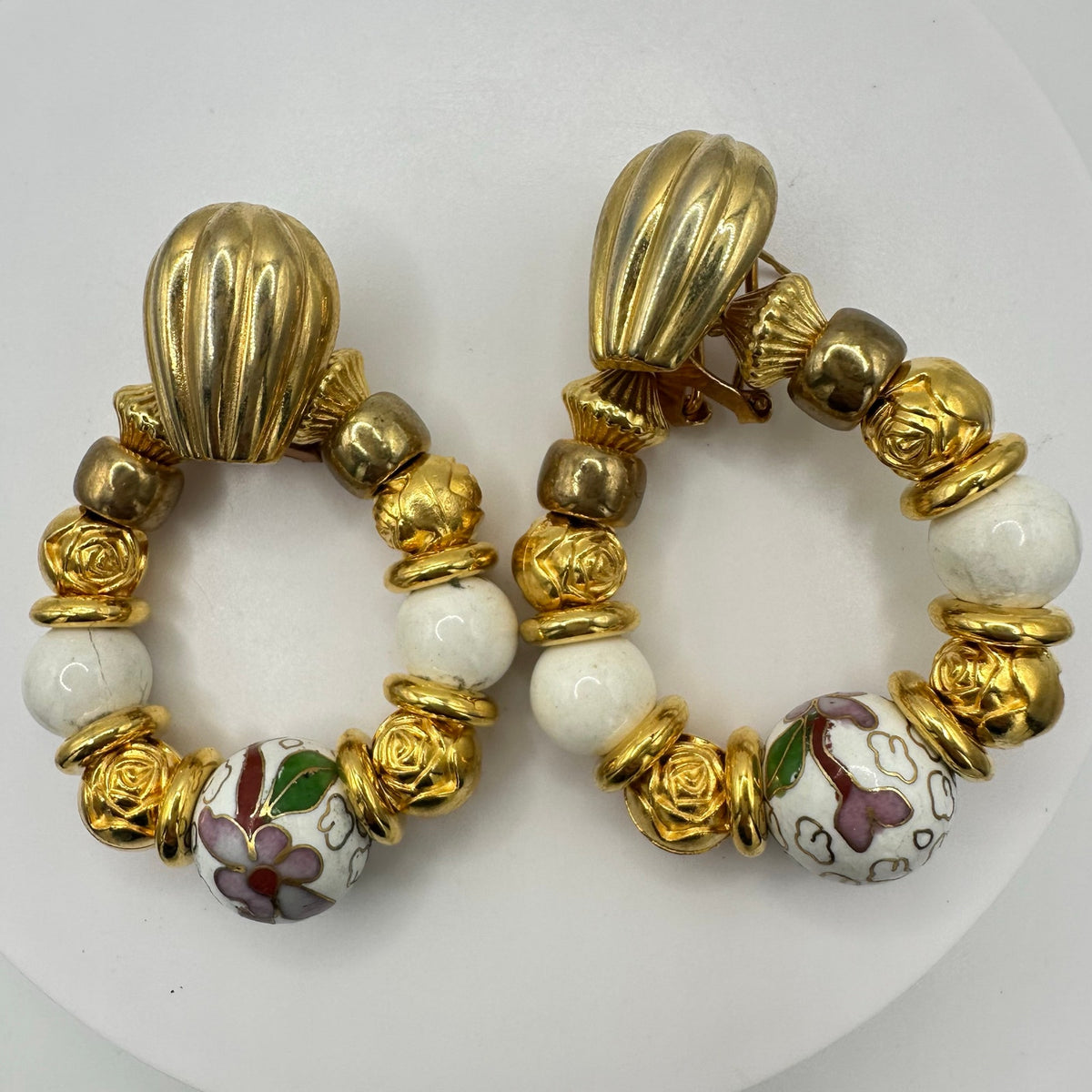 1980s vintage gold tone statement cloisonne enamel beaded dangle post earrings