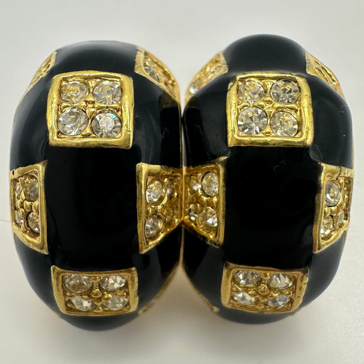 Roman vintage gold tone clear rhinestones black enamel half hoops post earrings