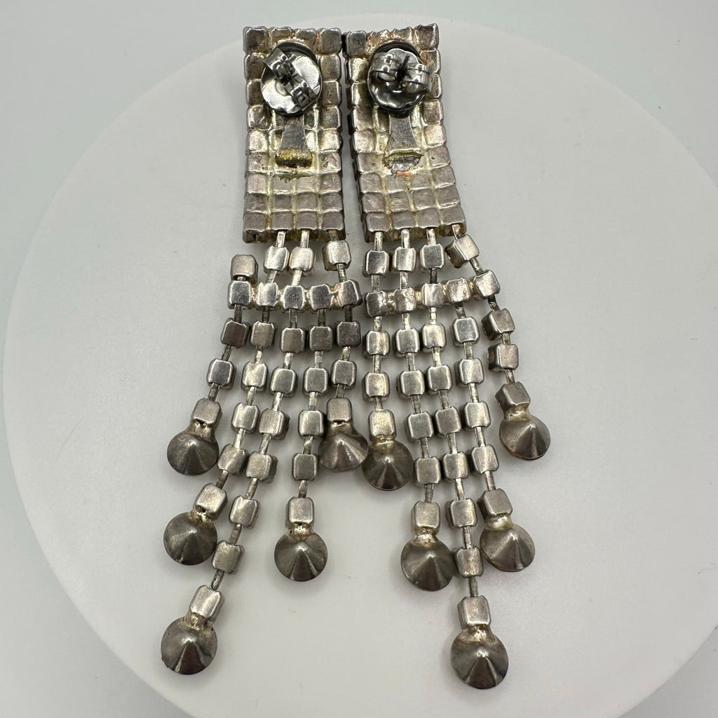 Vintage silver tone clear rhinestones 5 strands fringe 4" drop post earrings