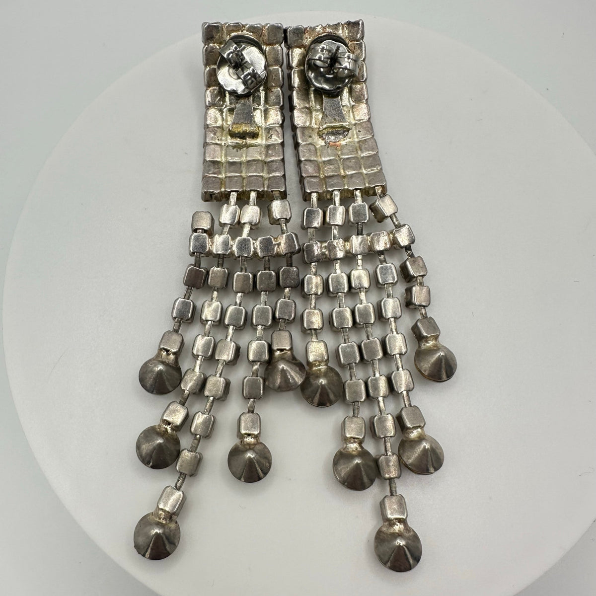 Vintage silver tone clear rhinestones 5 strands fringe 4" drop post earrings