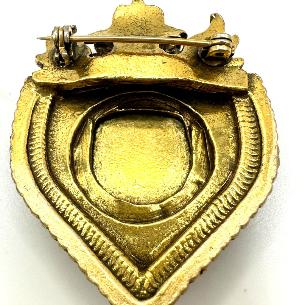 Vintage gold tone Heraldic white red enamel crest shield lion sword crown brooch