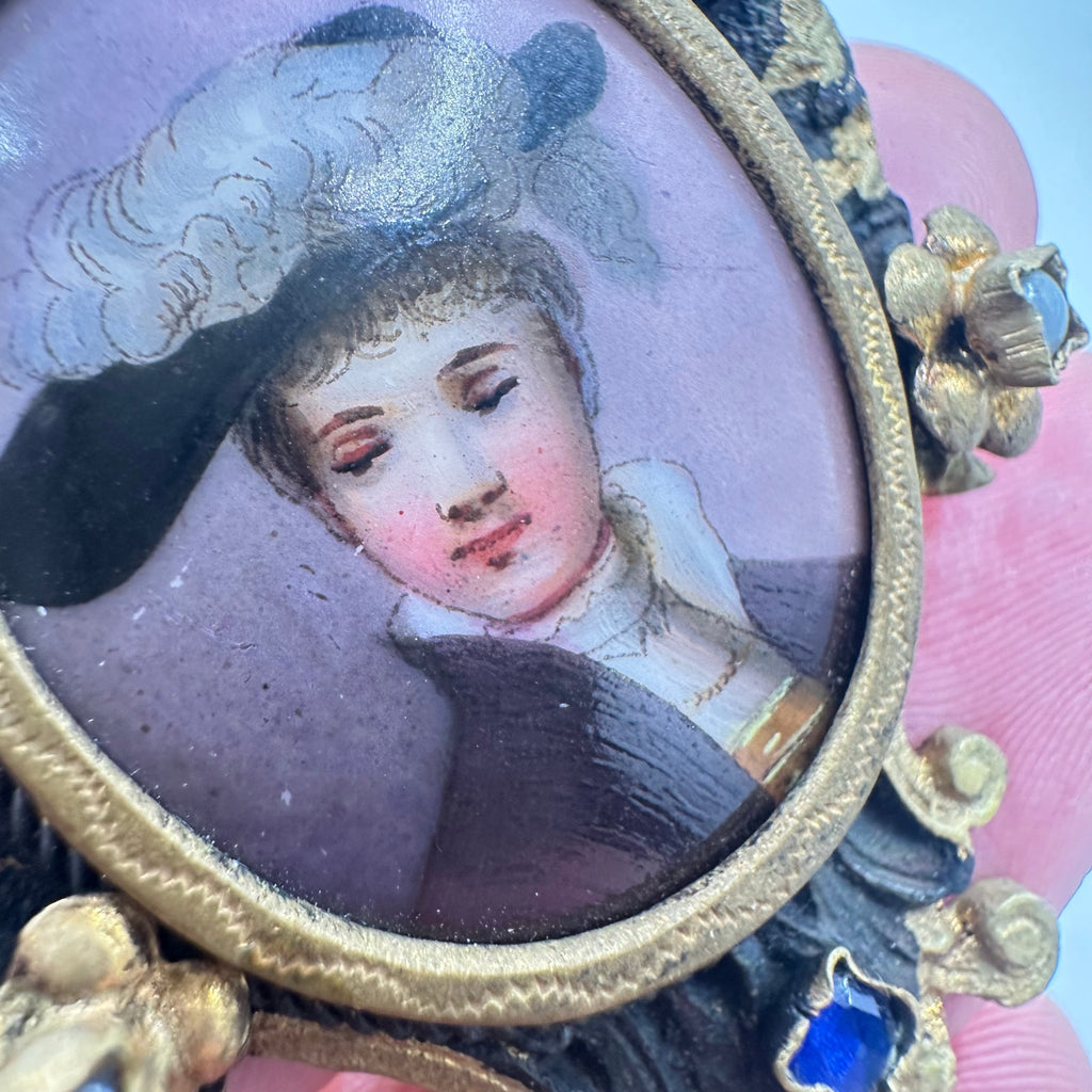 Antique Victorian hand painted portrait miniature gold gilt glass gems brooch
