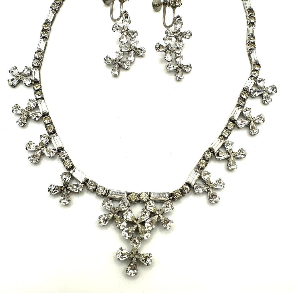 Phyllis vintage sterling silver clear rhinestones necklace earrings set