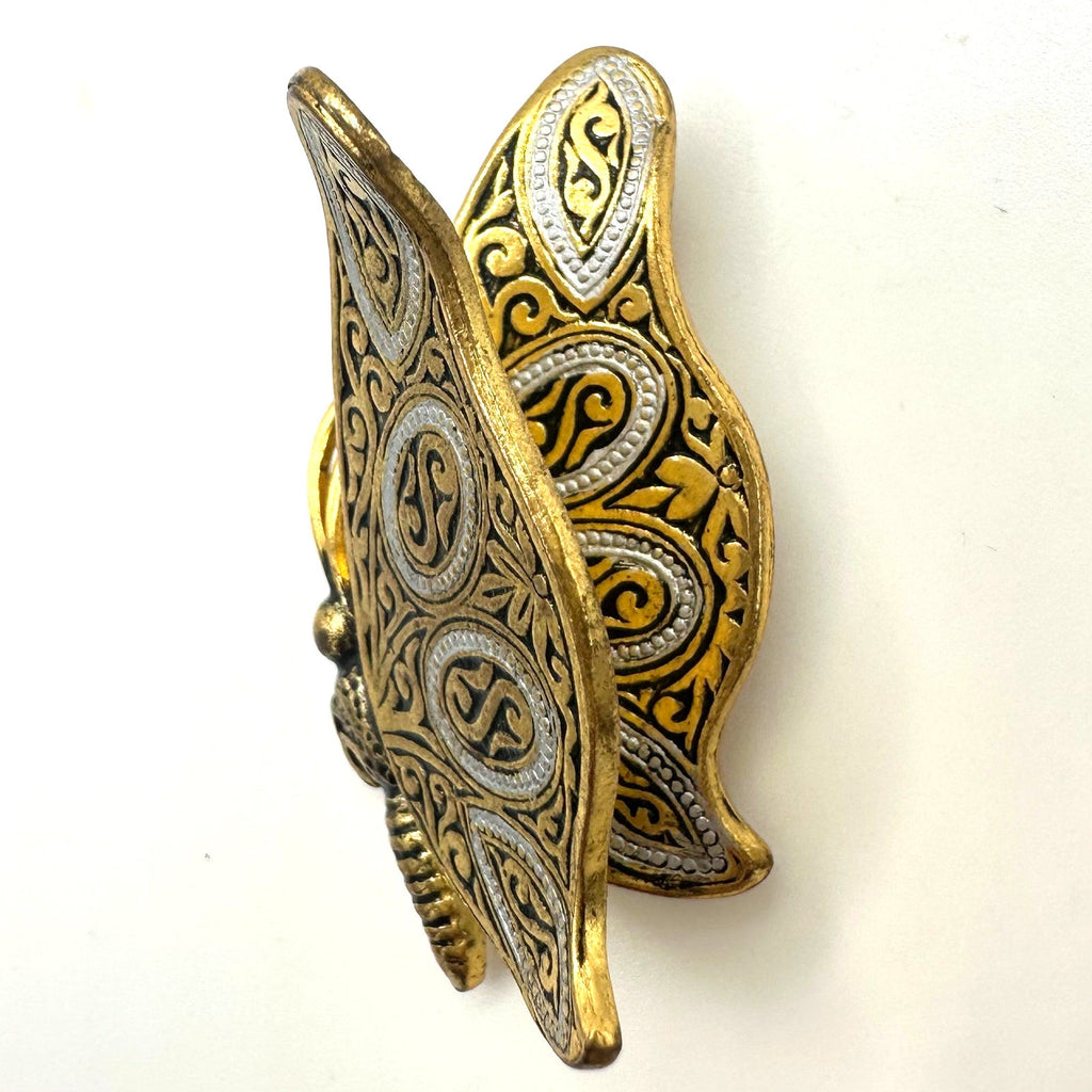 Spain Toledo Damascene gold tone black silver enamel 3D butterfly brooch pin