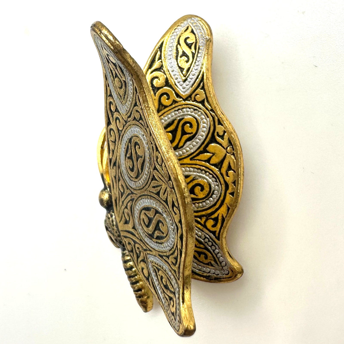 Spain Toledo Damascene gold tone black silver enamel 3D butterfly brooch pin