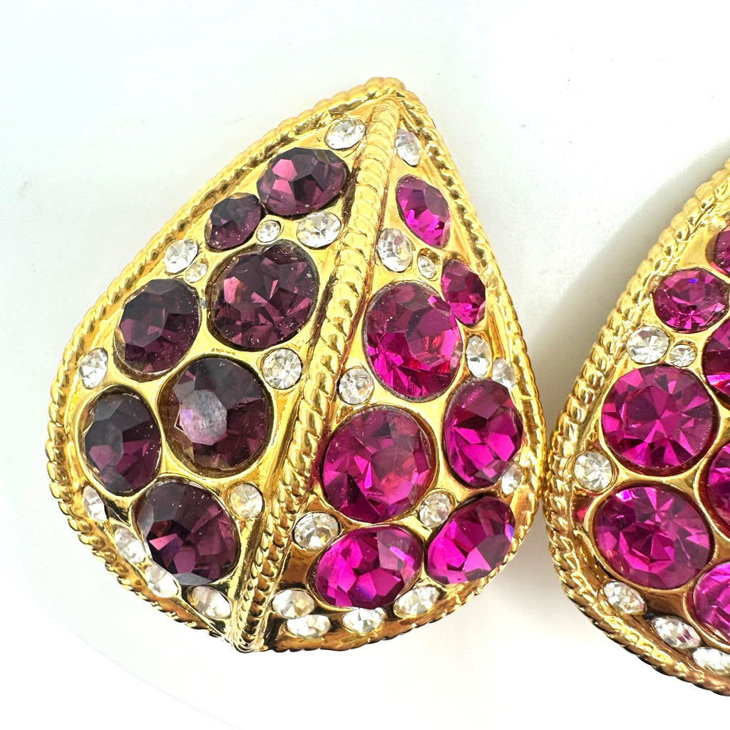 1980s vintage large gold tone pink purple clear rhinestones clip on earrings