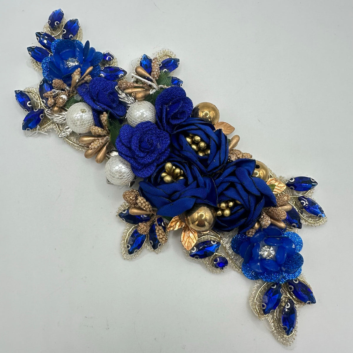 Massive large gold tone blue roses rhinestones pearls beaded sewing applique