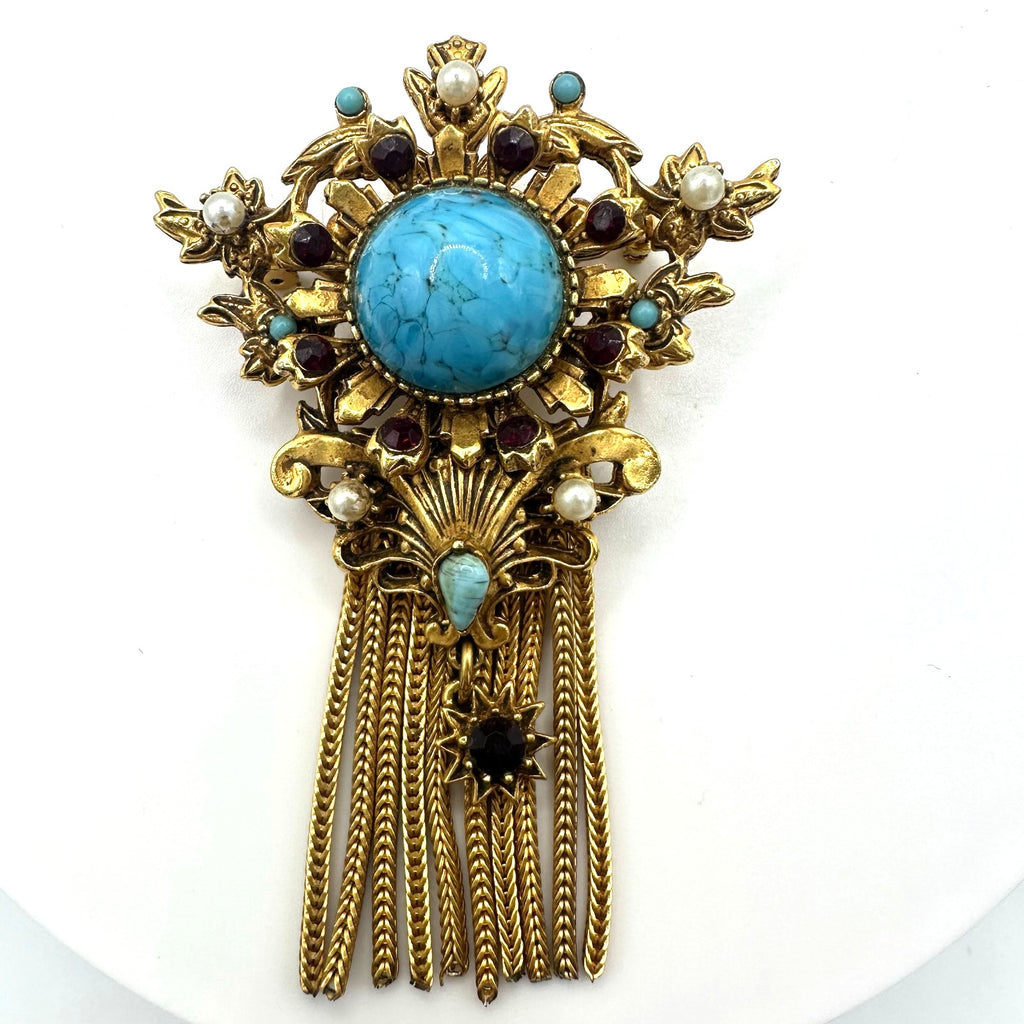 Florenza Victorian Revival gold tone fringe rhinestones art glass brooch pendant