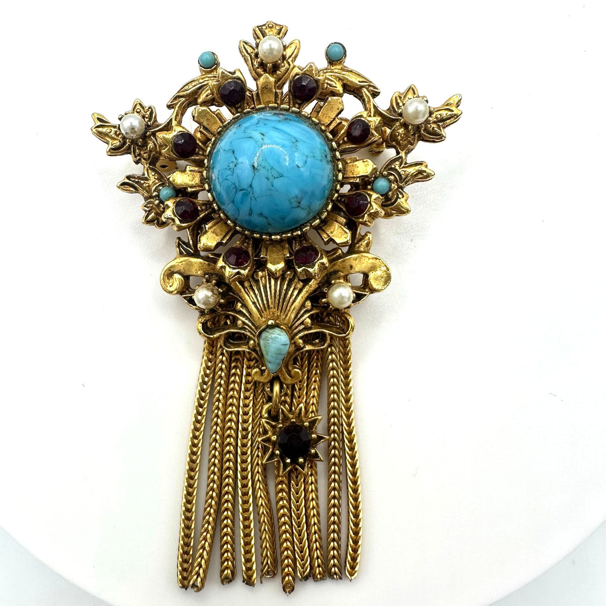 Florenza Victorian Revival gold tone fringe rhinestones art glass brooch pendant