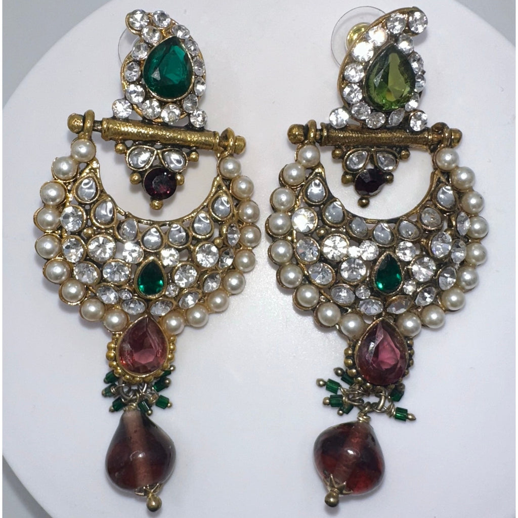 Indian Bridal gold kundan green purple glass rhinestones faux pearl earrings