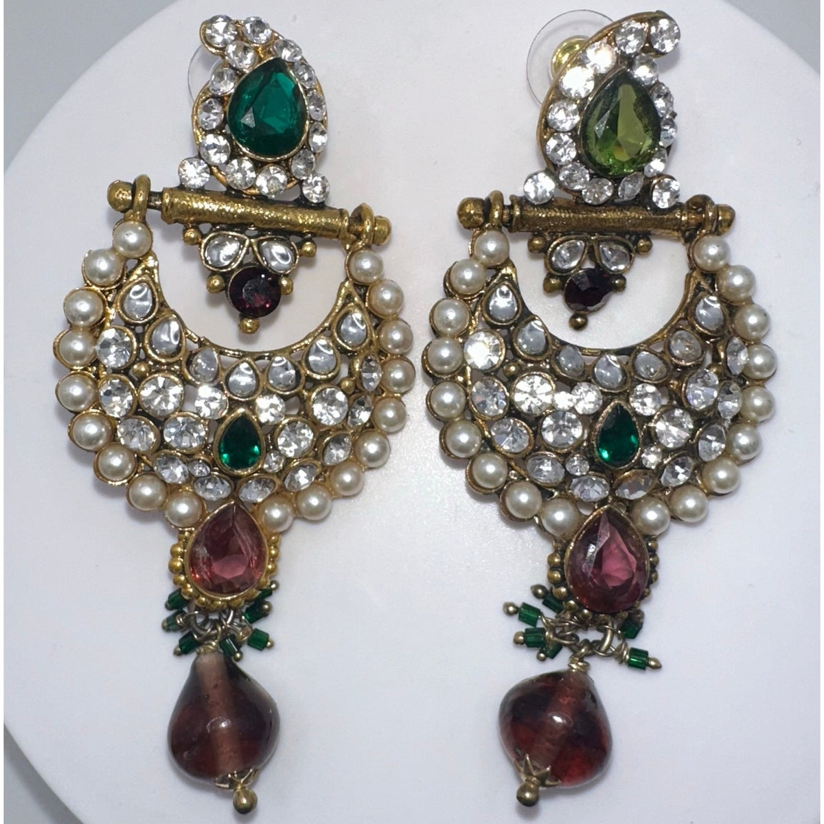 Indian Bridal gold kundan green purple glass rhinestones faux pearl earrings