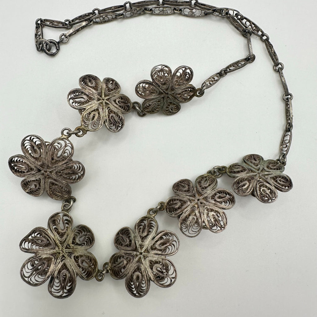 1940s vintage sterling silver handmade filigree graduated necklace 30.50g