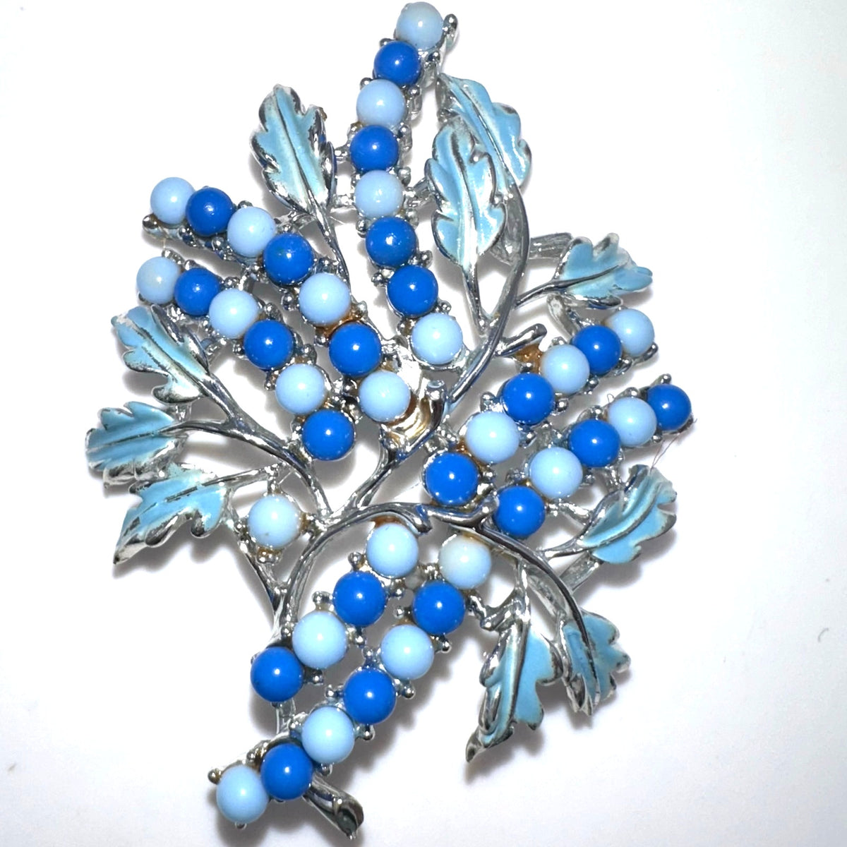 Coro signed vintage silver tone blue enamel beaded leaf leaves brooch