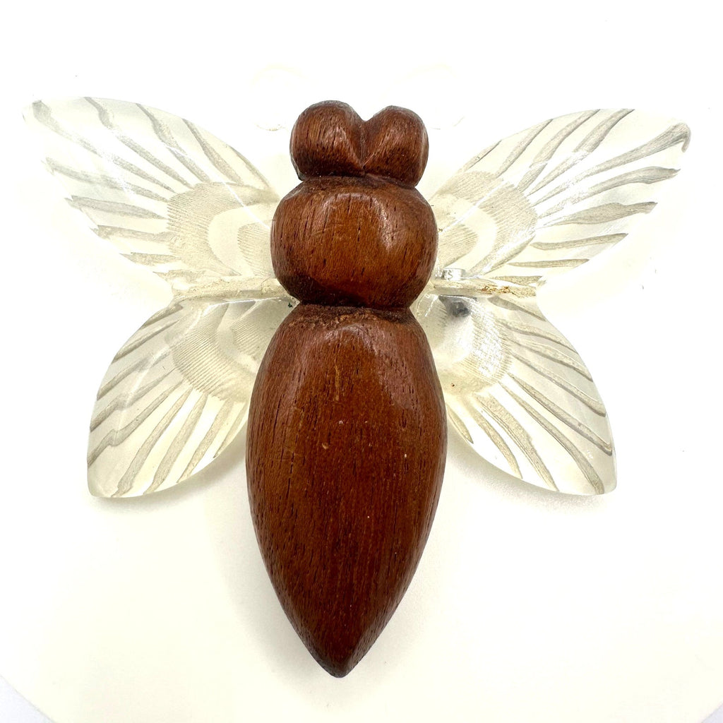 1940s retro vintage clear carved lucite brown wood large butterfly figure brooch